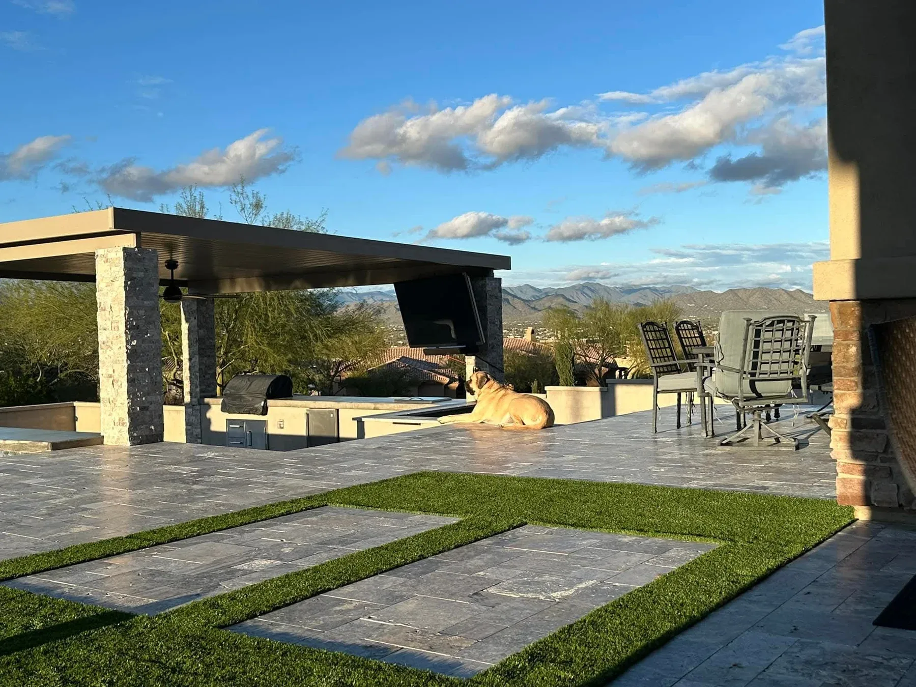 Paver and hardscape installation by DCM Pools — travertine patio, Arizona