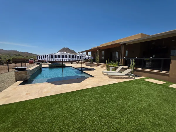 Travertine paver patio by DCM Pools — Arizona