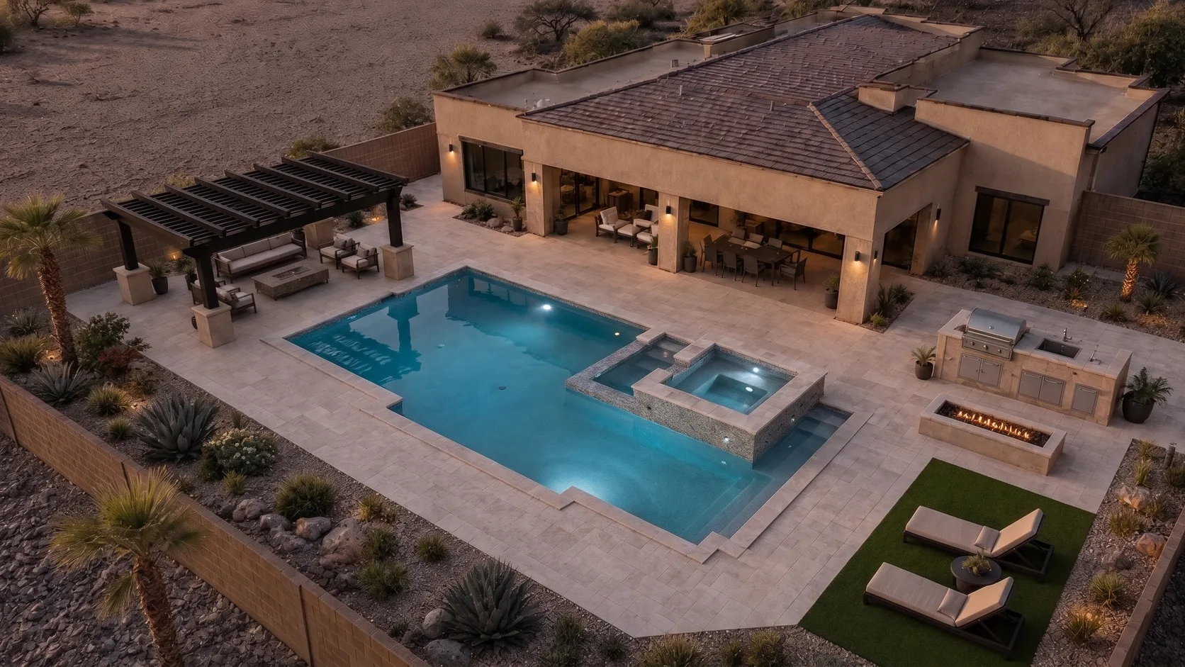 Aerial photo of a completed DCM backyard at dusk: rectangular pool with raised spa, dark pergola with lounge seating, covered patio with dining area, and travertine deck surrounded by desert landscaping.